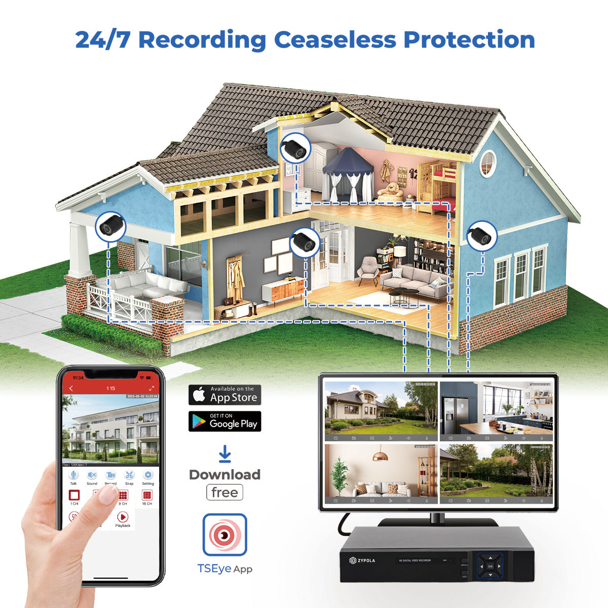 Kit De 8 Cámaras De Vigilancia Con DVR De 8 Canales, Preinstalado Con Disco Duro De 500 GB, 1080p Alta Definición, Visión Nocturna De 130 Pies, Gran Angular De 105°, Acceso Remoto, IP66 Impermeable