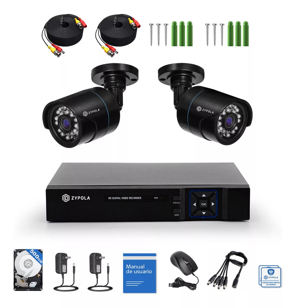 Kit De 2 Cámaras De Vigilancia Con DVR De 4 Canales, Preinstalado Con Disco Duro De 1TB, 1080p Alta Definición, Visión Nocturna De 130 Pies, Gran Angular De 105°, Acceso Remoto, IP66 Impermeable