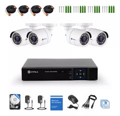 Kit De 4 Cámaras De Vigilancia Con DVR De 8 Canales, 1080p Alta Definición, Visión Nocturna De 130 Pies, Gran Angular De 105°, Acceso Remoto, IP66 Impermeable, Blanco