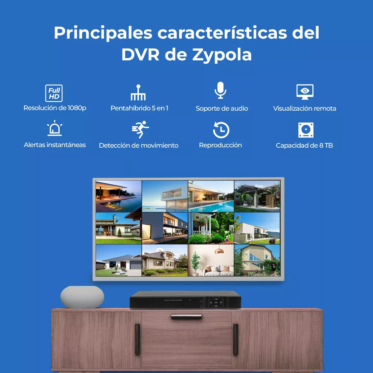 DVR De 8 Canales De Vigilancia, Híbrido 5 En 1 CCTV, Preinstalado Con Disco Duro De 1TB, 1080p Lite Alta Definición, Full HD HDMI Y VGA, Acceso Remoto, IP66 Impermeable
