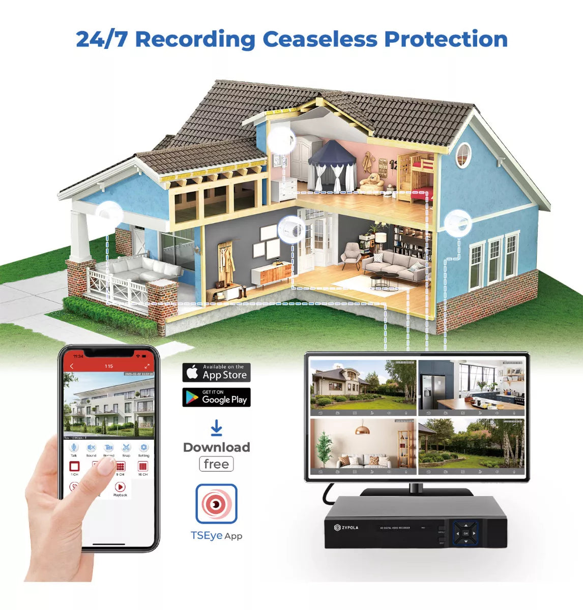 Kit De 4 Cámaras De Vigilancia Con DVR De 8 Canales, Preinstalado Con Disco Duro De 500 GB, 1080p Alta Definición, Visión Nocturna De 130 Pies, Gran Angular De 105°, Acceso Remoto, IP66 Impermeable