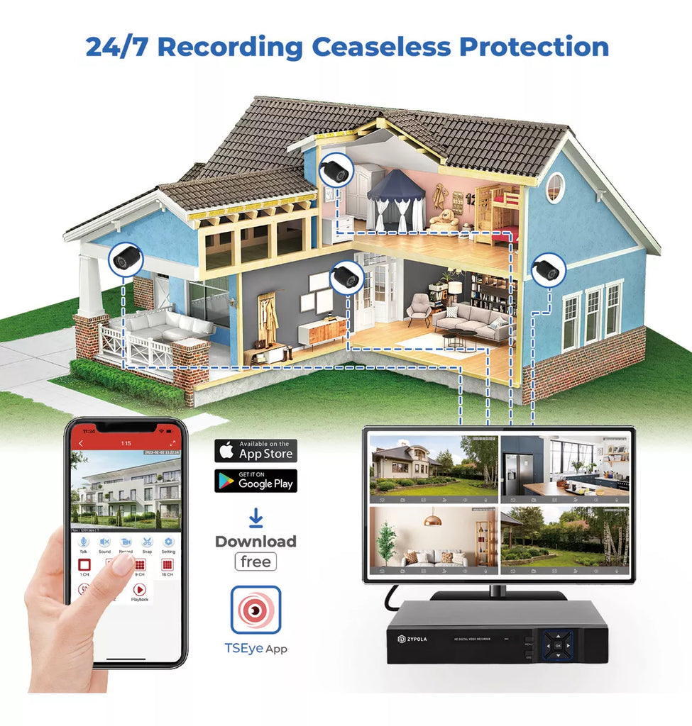 Kit De 2 Cámaras De Vigilancia Con DVR De 4 Canales, Preinstalado Con Disco Duro De 1TB, 1080p Alta Definición, Visión Nocturna De 130 Pies, Gran Angular De 105°, Acceso Remoto, IP66 Impermeable
