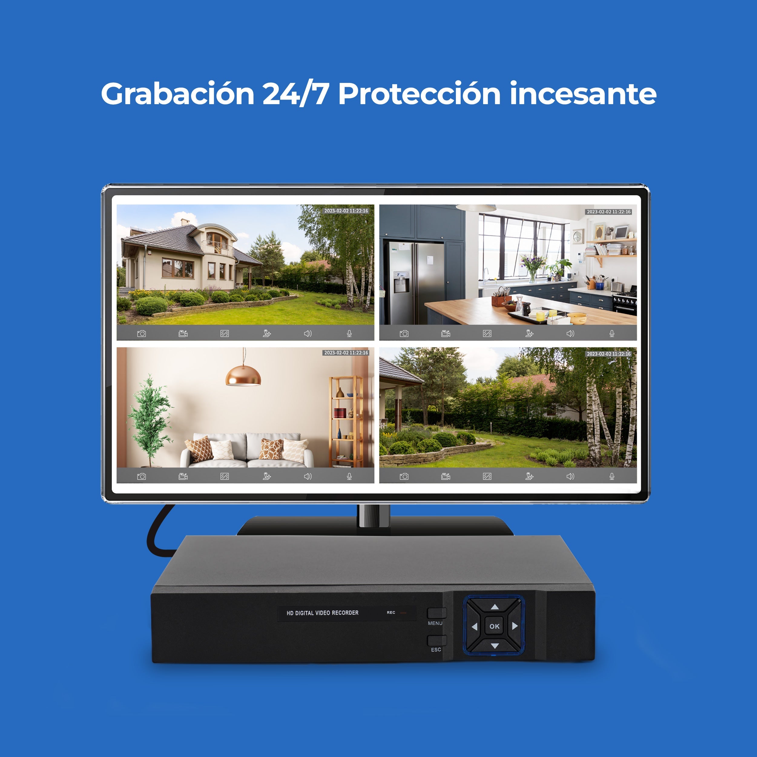 Kit De 8 Cámaras De Vigilancia Con DVR De 8 Canales, Preinstalado Con Disco Duro De 500 GB, 1080p Alta Definición, Visión Nocturna De 130 Pies, Gran Angular De 105°, Acceso Remoto, IP66 Impermeable